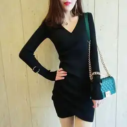 苗苗家秋冬精致女人味性感v领不规则交叉高腰修身针...
