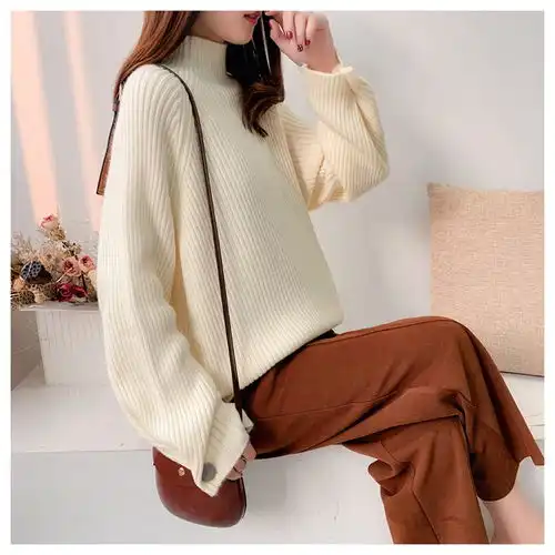 兰诗缇娜秋冬新款半高领套头毛衣女韩版宽松大码慵懒风针织衫上衣时尚ls福卡商城
