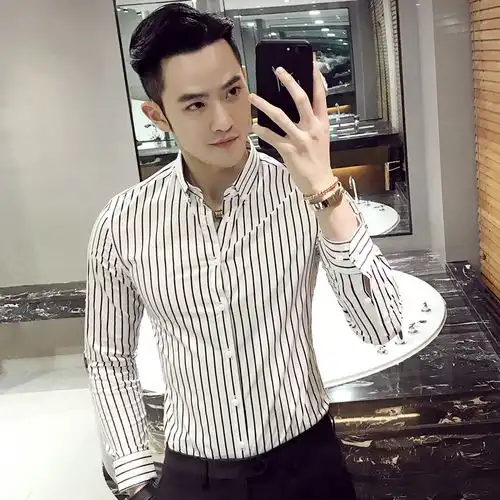 韩版英伦修身长袖衬衫潮流休闲衬衣发型师黑白条纹潮男帅气寸衣男

