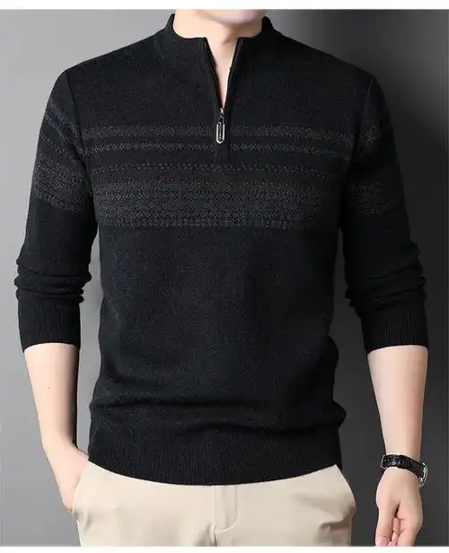 verhouse冬季加厚毛衣男新款半高领拉链针织衫中年男装条纹保暖打底衫
