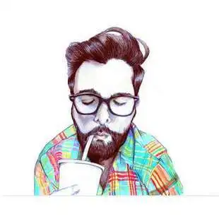 一个欧美头像,一个男的戴着眼镜,留着胡子,喝着饮料

