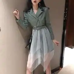 秋季新款港味复古气质pu皮西装领外套皮衣女拼接网纱连衣裙假两件
