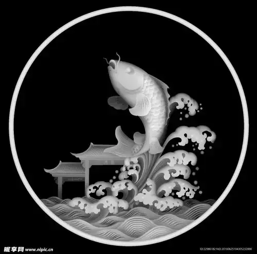 鲤鱼跃龙门圆盘挂件浮雕灰度图设计图3d作品3d设计
