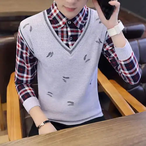 男士毛衣加绒假两件加厚衬衫领针织衫冬季青少年修身保暖学生毛衫
