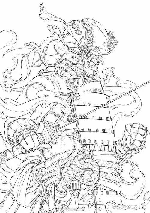 日系武士漫画插画色稿和线稿
