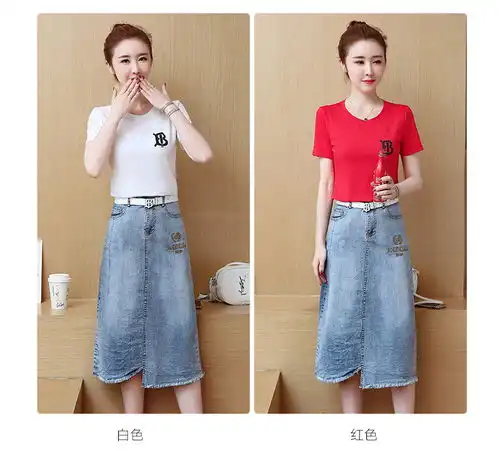 施悦名t恤牛仔裙时尚休闲套装2019夏季新款韩版女装纯色短袖中长裙潮a
