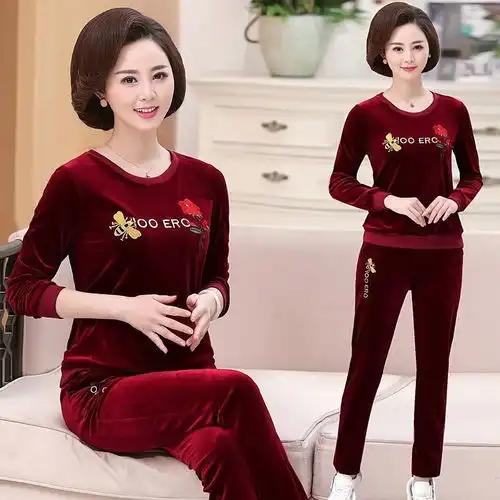 丝绒运动套装中年女春秋装中老年秋季大码时尚妈妈装运动服两件套
