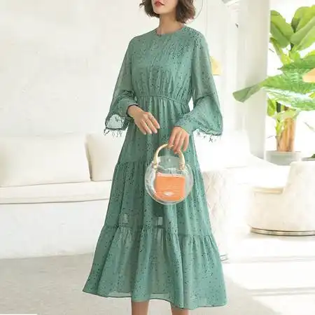 施悦名2019年春季新款松紧腰长袖波点雪纺春连衣裙女气质裙图片大全邮乐官方网站
