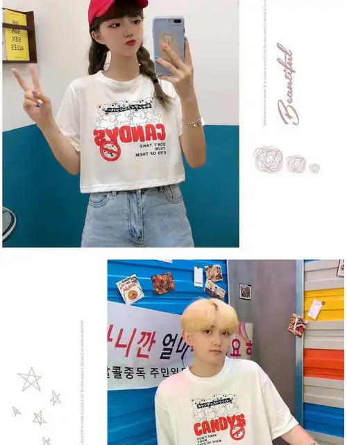 卓纪情侣装小众短款短袖t恤女ins潮宽松韩版高腰露脐上衣设计感春夏装
