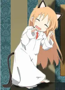 黄头发黑色猫耳朵蓝眼睛白色衣服红色领带的动漫人物
