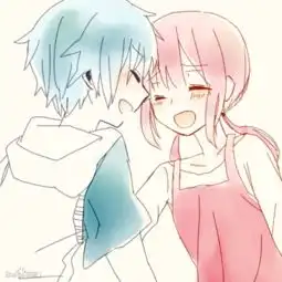 蓝色短发的动漫男主和粉色短发的动漫女主
