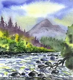 高山树木河流风光绘画设计高清图片
