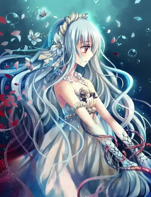 背景是蓝色蔷薇花的动漫少女图片
