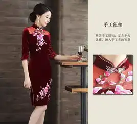 民国风复古中袖丝绒低领绣花旗袍

