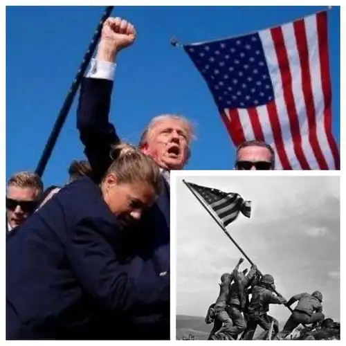 特朗普高喊战斗照片,与二战美军硫磺岛推国旗一样,美国精神象征

