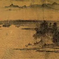 李唐江山小景图卷,青绿设色与泥金相结合小景山水画
