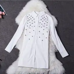 春季新款热销长袖钉珠女式衬衫现货休闲纯棉直筒型西装领衬衫
