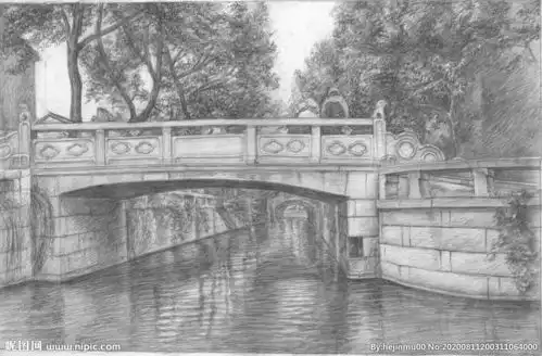 小桥素描图片

