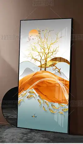 现代抽象爱马仕橙线条山水风景招财麋鹿飞鸟晶瓷玄关装饰画图片下载

