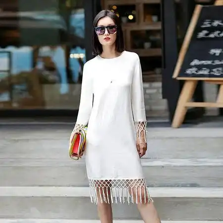 费雯莉2015秋季女式新品韩版下摆七分袖时尚袖口圆领收腰长款针织衫fd15qz8966图片大全邮乐官方网站
