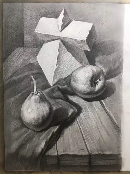 素描静物写生的绘画过程欣赏,从构图打形到上明暗的步骤讲解
