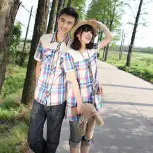 玫提斯情侣装夏装男衬衫女连衣裙韩版ql情侣短袖衬衣格子纯棉
