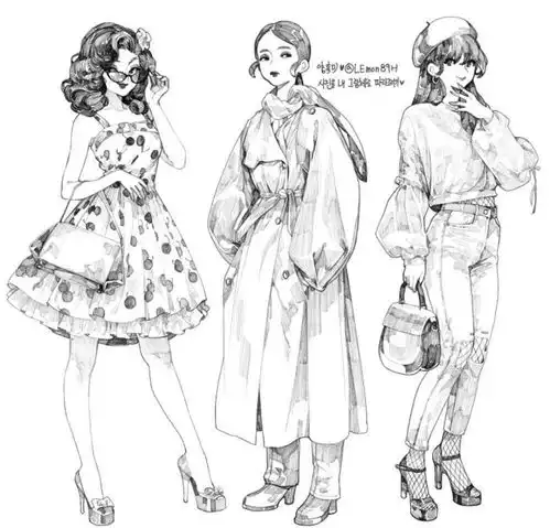 绘画素材动漫女生全身像手绘稿手稿
