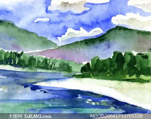 山峦树木河流风景绘画创意高清图片
