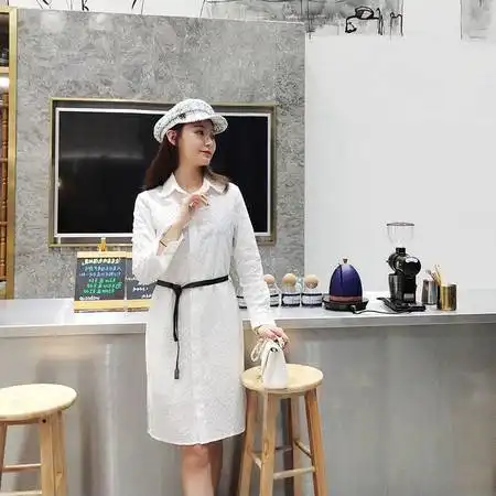 洋湖轩榭早春新品欧美风白色镂空拼皮腰带单排扣修身衬衫裙连衣裙女a图片大全邮乐官方网站
