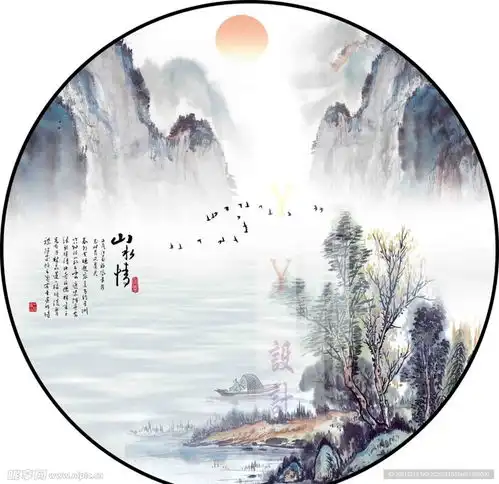 新中式意境山水圆形装饰画图片设计图psd分层素材psd分层素材
