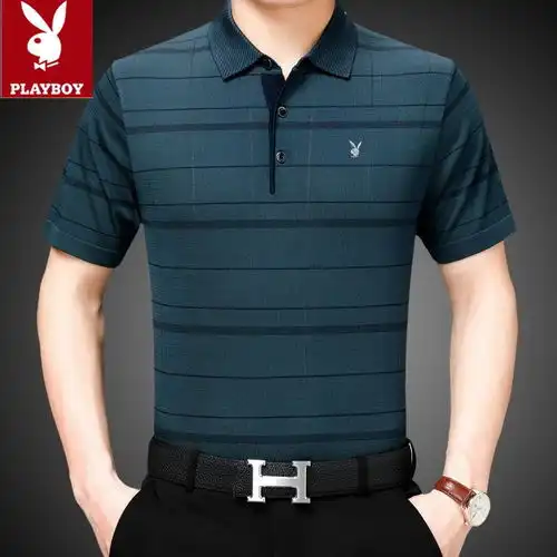 花花公子夏季男士短袖t恤中年宽松翻领爸爸上衣服男装冰丝体恤衫t
