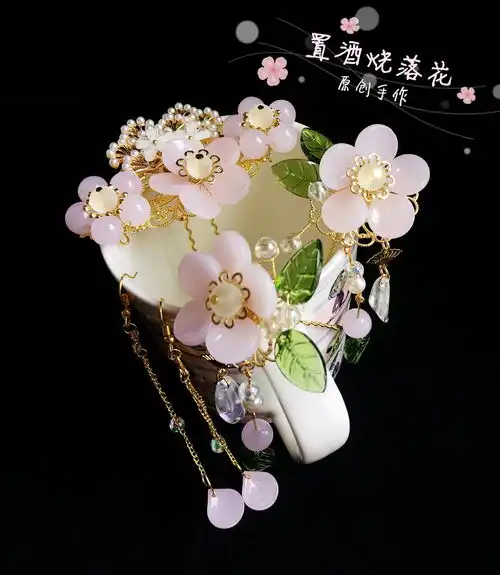 手工古风日常原创汉服配饰发饰发簪发冠耳钩粉色套装少女心炸裂
