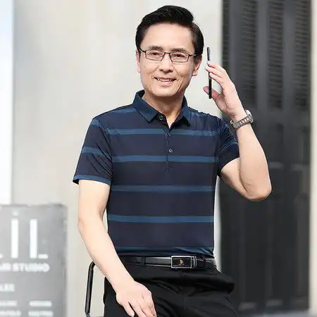 洋湖轩榭爸爸装短袖t恤夏季条纹冰丝体恤衫中老年男士夏装半袖衫a
